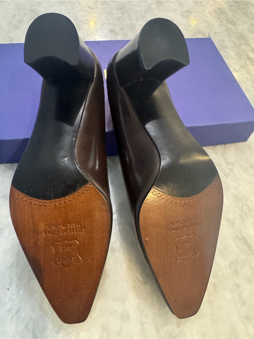 Stuart Weitzman Brown Corniche Cola Kid Pointed Toe Leather Pumps -Sleek Classic - Picture 6 of 11